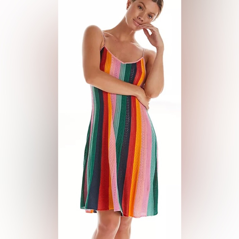 ✨ NWT FARM Rio x Anthropologie Rainbow Striped Knit Crochet Mini Dress Size M ✨